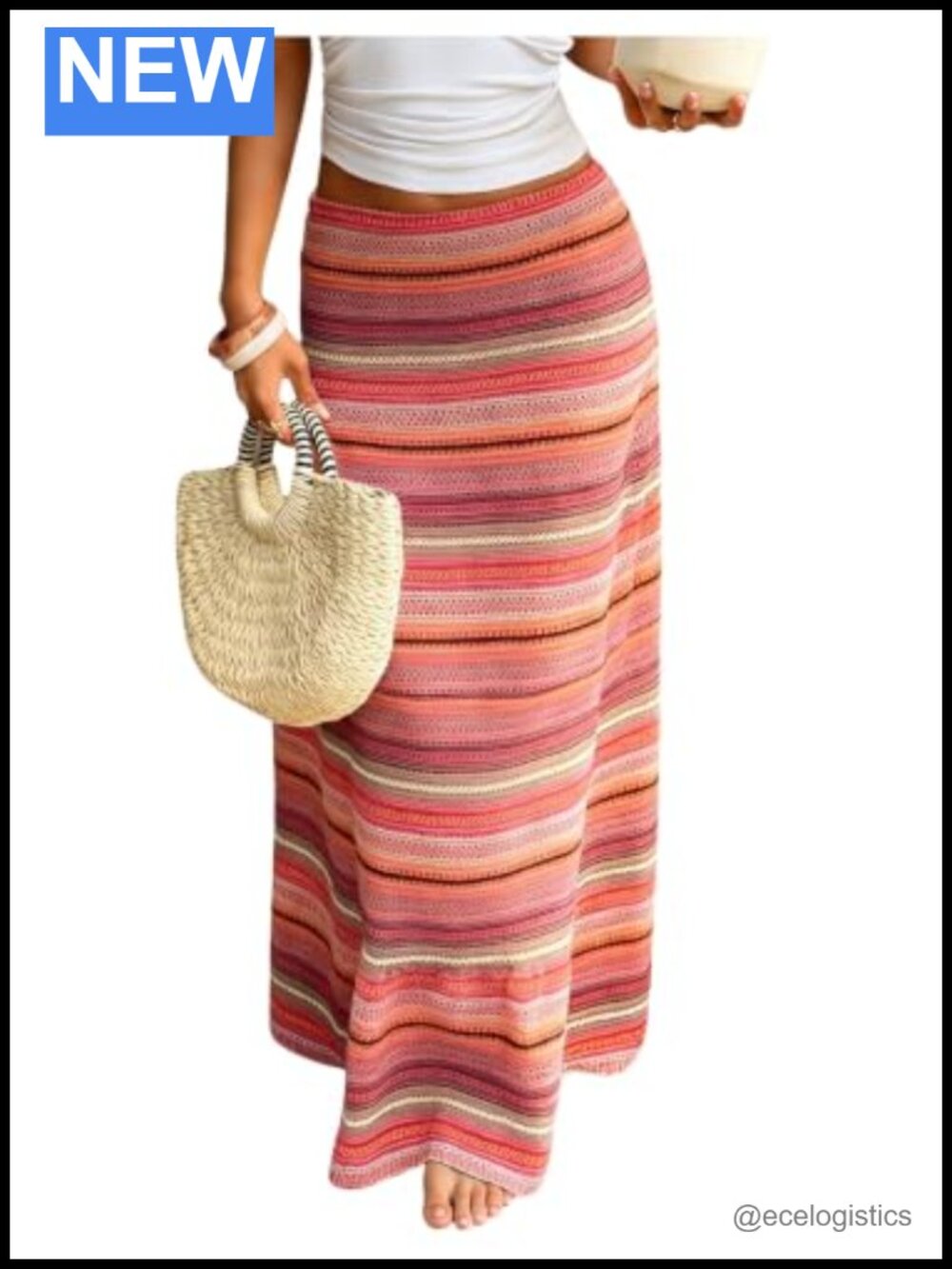 Striped Crochet Knit Maxi Skirt Boho Beach Vacation Elastic Waist Bodycon Long